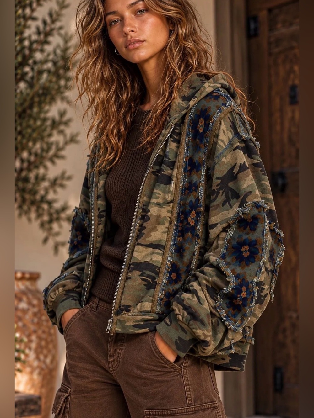2C POL Camo Floral Patchwork Zip-Up Hoodie🔥